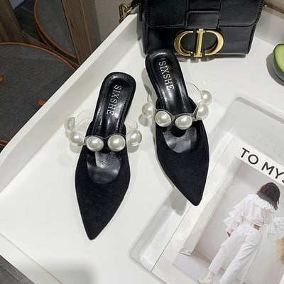 Papuci de dama moderni model ascutit cu perle decorative