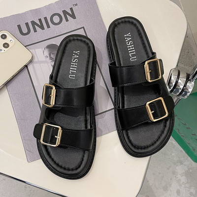 Papuci de damă din piele alb-negru