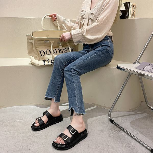 Papuci de damă din piele alb-negru