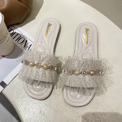 Papuci de dama in trei culori cu tul si decor metalic