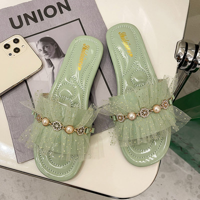 Papuci de dama in trei culori cu tul si decor metalic