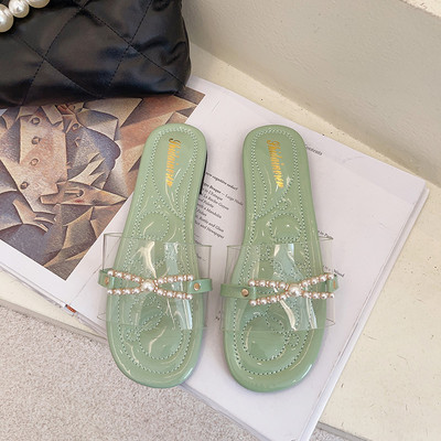 Papuci de dama cu talpa plata si perle in mai multe culori