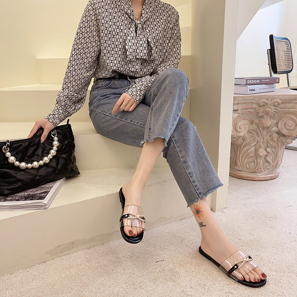 Papuci de dama cu talpa plata si perle in mai multe culori