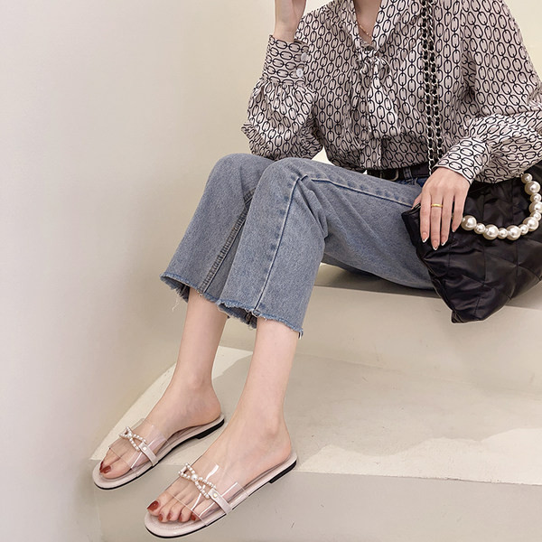 Papuci de dama cu talpa plata si perle in mai multe culori