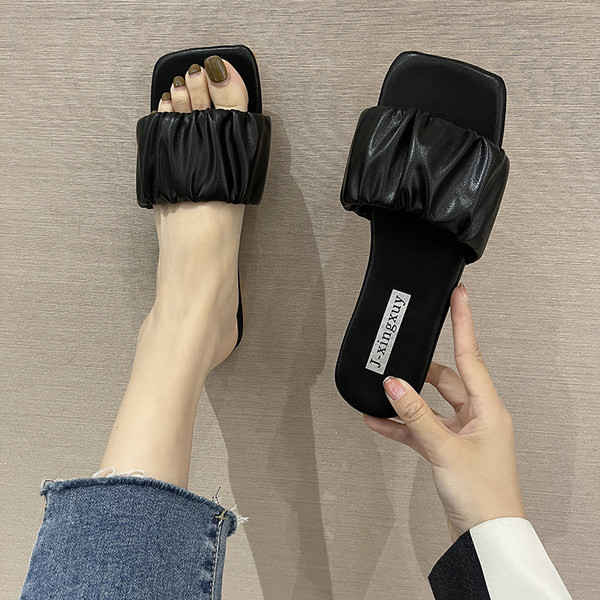 Papuci casual dama din piele ecologica, model uni cu talpa plata