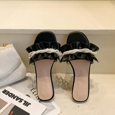 Papuci de damă cu perle și talpă plată în trei culori