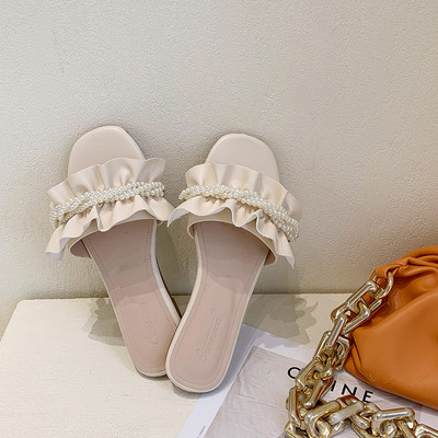 Papuci de damă cu perle și talpă plată în trei culori