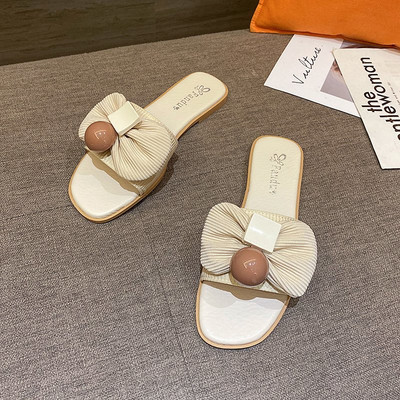 Γυναικείες παντόφλες casual με επίπεδη σόλα και κορδέλα