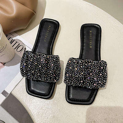 Γυναικείες παντόφλες με λαμπερά στοιχεία και επίπεδη σόλα σε τρία χρώματα