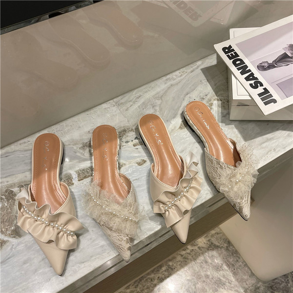 Papuci dama eleganti ascutit cu perle - doua modele