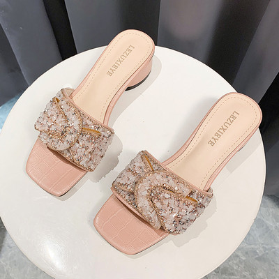 Papuci eleganti de dama cu toc si pietre decorative