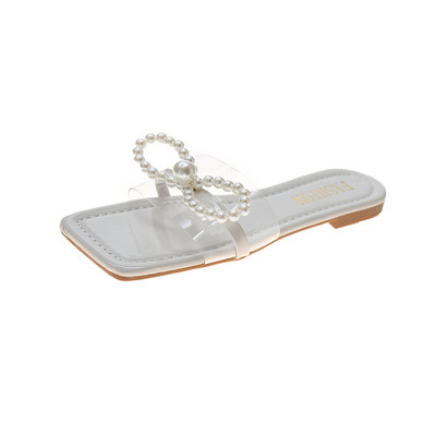 Papuci moderni de dama cu talpa plata si perle