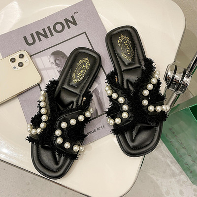 Papuci de damă cu perle decorative și talpă plată