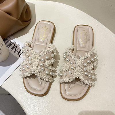 Papuci de damă cu perle decorative și talpă plată