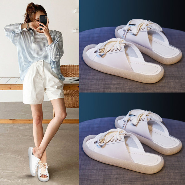 Casual γυναικείες παντόφλες με ίσια σόλα και κορδόνια σε δύο χρώματα