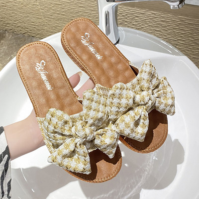 Casual καρό παντόφλες με επίπεδη σόλα και κορδέλα για γυναίκες