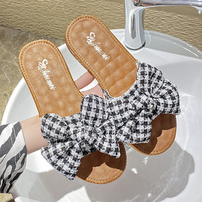 Casual καρό παντόφλες με επίπεδη σόλα και κορδέλα για γυναίκες