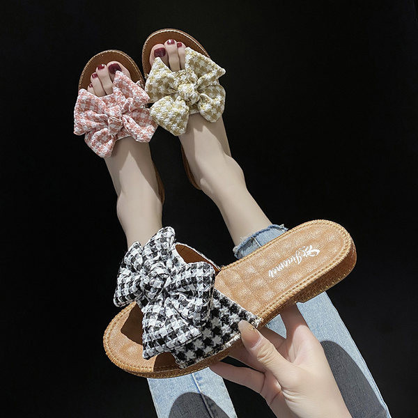 Casual καρό παντόφλες με επίπεδη σόλα και κορδέλα για γυναίκες