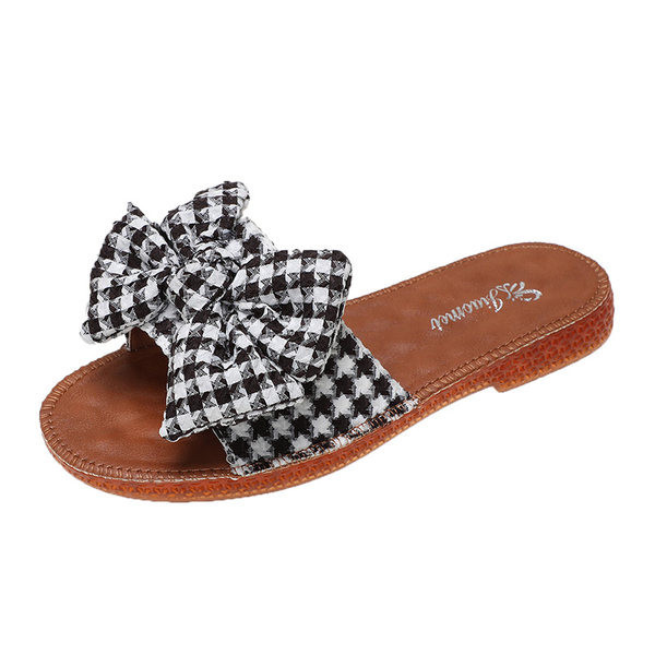 Casual καρό παντόφλες με επίπεδη σόλα και κορδέλα για γυναίκες