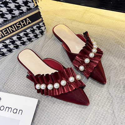 Papuci de damă eleganti cu model ascuțit cu perle decorative