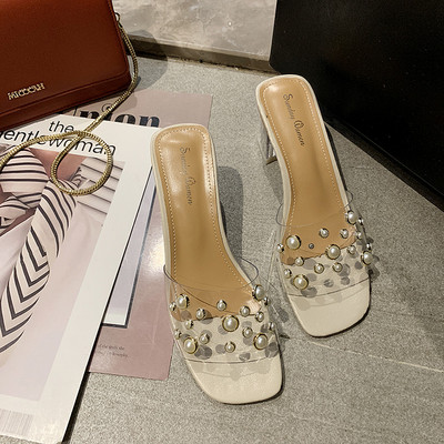 Papuci de dama eleganti cu toc inalt cu perle