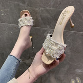 Papuci de dama actuali pe toc inalt subtire cu perle