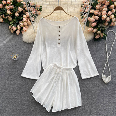 Set dama cu talie elastica si nasturi