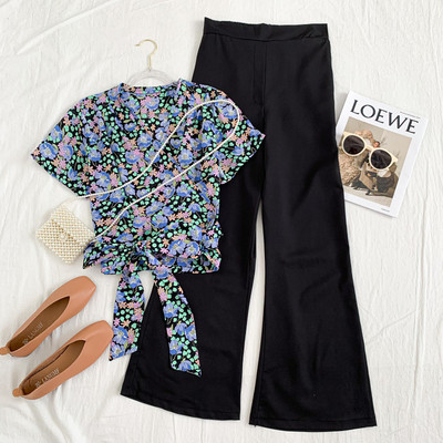 Set bluză de damă modernă cu model floral și pantaloni largi