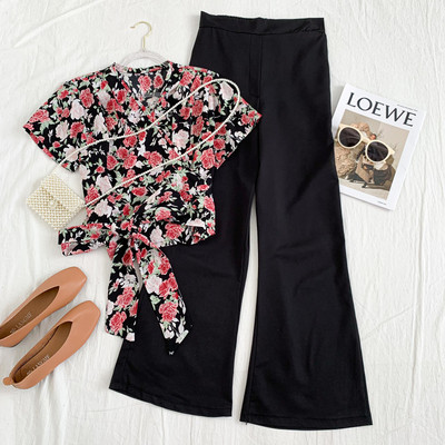 Set bluză de damă modernă cu model floral și pantaloni largi