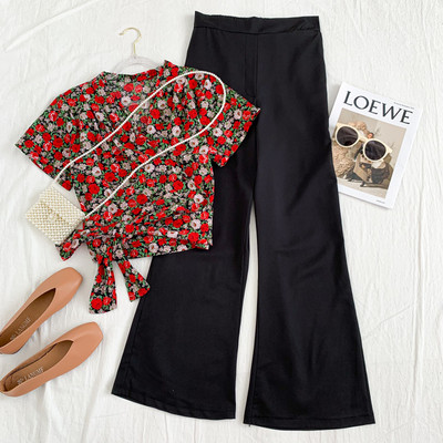 Set bluză de damă modernă cu model floral și pantaloni largi