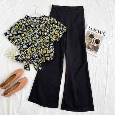 Set bluză de damă modernă cu model floral și pantaloni largi