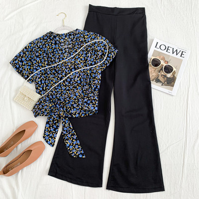 Set bluză de damă modernă cu model floral și pantaloni largi