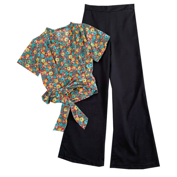 Set bluză de damă modernă cu model floral și pantaloni largi