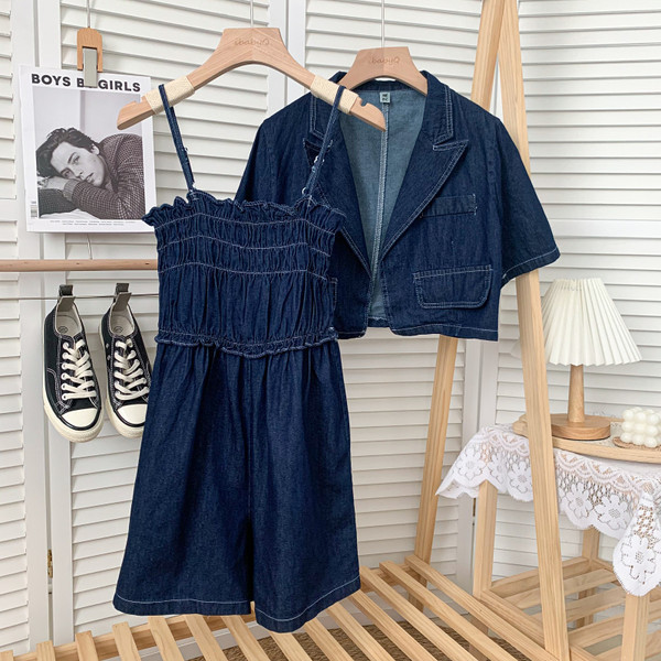 Jauna modeļa sieviešu džinsa komplekts kombinezons un krekls ar īsām piedurknēm