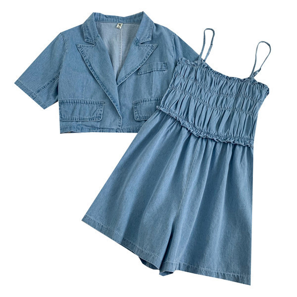 Jauna modeļa sieviešu džinsa komplekts kombinezons un krekls ar īsām piedurknēm