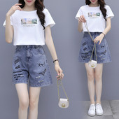 Set casual de tricou dama cu maneca scurta si pantaloni scurti din denim