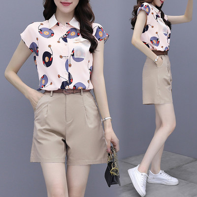 Jauna modeļa sieviešu vasaras komplekts no divu daļu krekla un šortiem