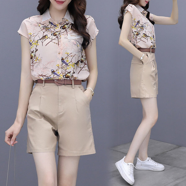 Jauna modeļa sieviešu vasaras komplekts no divu daļu krekla un šortiem