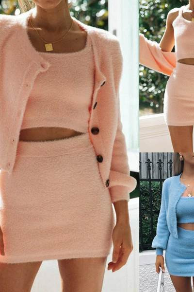 Stilīgs sieviešu komplekts no trīsdaļīgiem svārkiem un džemperiem