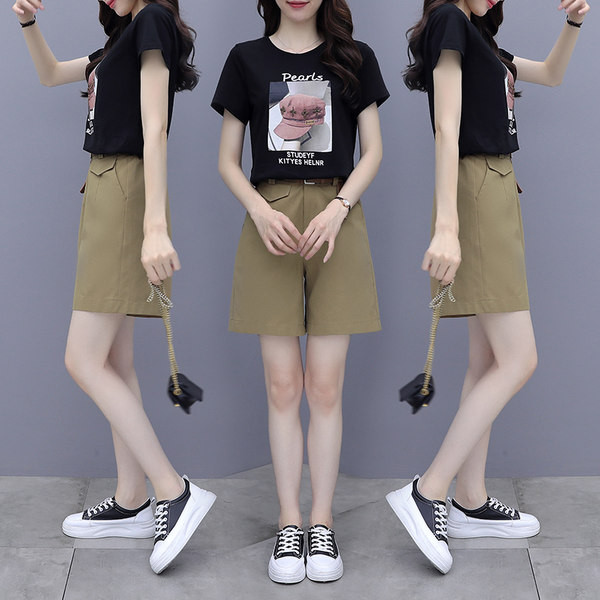 Moderns sieviešu T-kreklu komplekts ar aplikāciju un šortiem