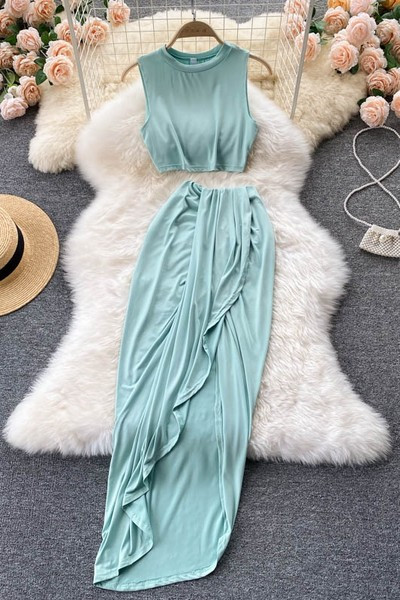 Set elegant de dama de culoare verde - model asimetric