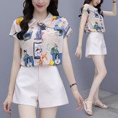 Moderns sieviešu komplekts no divām daļām - šifona krekls ar īsām piedurknēm un šorti