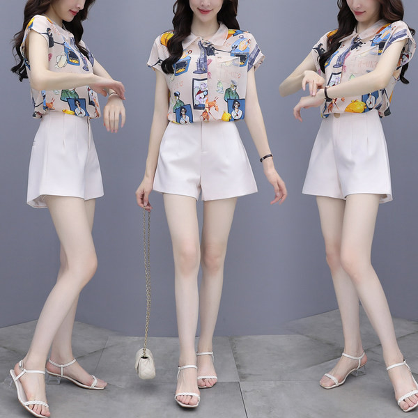 Moderns sieviešu komplekts no divām daļām - šifona krekls ar īsām piedurknēm un šorti