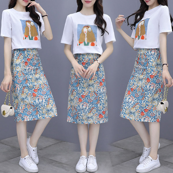 Set de tricou dama model nou cu aplicatie si fusta cu model floral