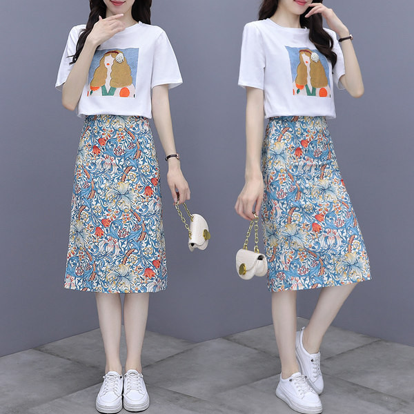 Set de tricou dama model nou cu aplicatie si fusta cu model floral