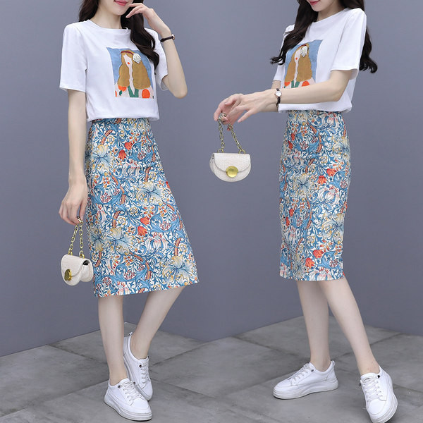 Set de tricou dama model nou cu aplicatie si fusta cu model floral