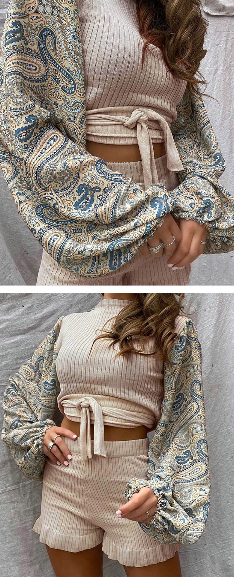 Set de pantaloni scurti de damă elegant și o bluză cu mâneci largi