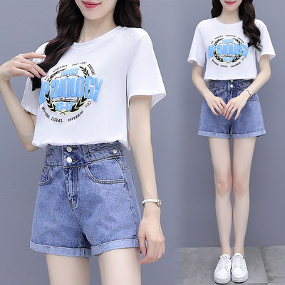 Set casual de vara de dama din doua bucati de pantaloni scurti din denim si un tricou