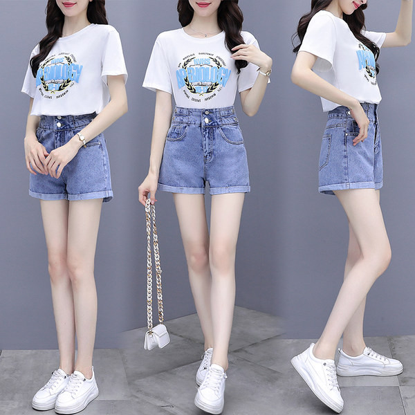 Set casual de vara de dama din doua bucati de pantaloni scurti din denim si un tricou