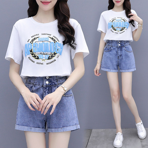 Set casual de vara de dama din doua bucati de pantaloni scurti din denim si un tricou